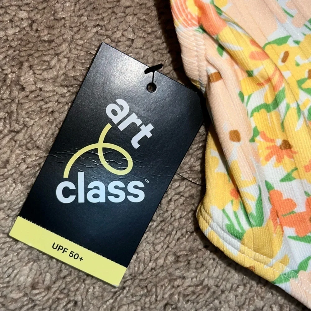 Art Class One Piece Yellow Floral Swimsuit Ribbed Bathing Suit Cut Out XS (4/5)